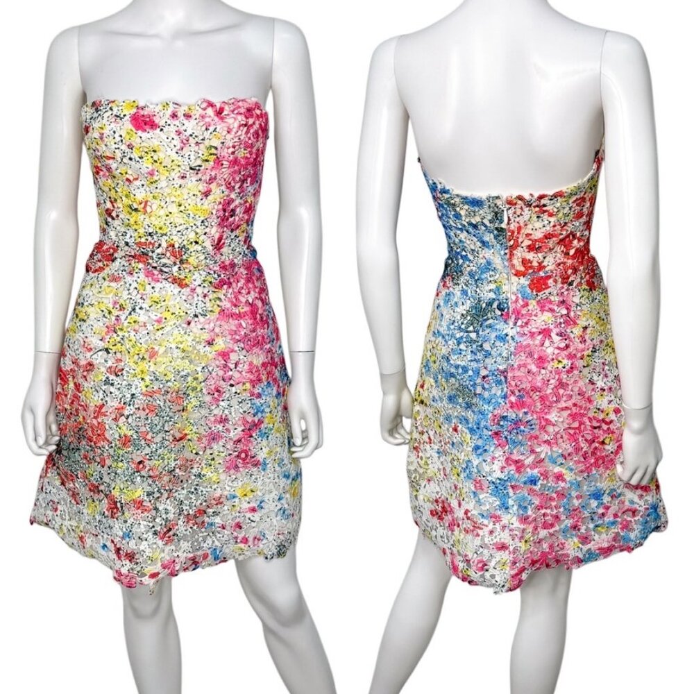 Monique Lhuillier Strapless Structured Mini Dress in Multicolor Floral Print